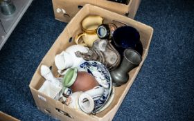 Box of Assorted Pottery & Glass, including bowls, vases, pottery jugs, Oriental figure, glass jug,