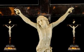 19th Century French Dieppe Crucifix on tortoiseshell and ebonised base with carved ivory Corpus
