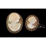 Ladies 9ct Gold - Attractive / And Well Carved Oval Shell Cameo, Depicting The Portrait Bust of a