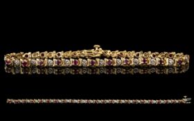 Ladies 9ct Gold Ruby & Diamond Set Link Bracelet. Full marks for 9.