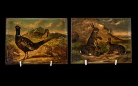 Two Antique Oil Paintings on Panel, naively painted, depicting a pheasant and hares,