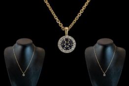 Ladies Attractive 9ct Gold Pendant Set with Diamonds & Sapphires of Circular Form - with Attached