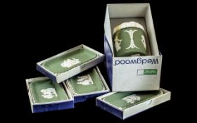 Wedgwood Jasper Ware in Green collection of 5 pieces comprising 4 oblong dishes and one candy Jar