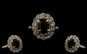 Antique Period Ladies - Attractive 18ct Gold Diamond and Sapphire Set Cluster Ring, Raised Flower