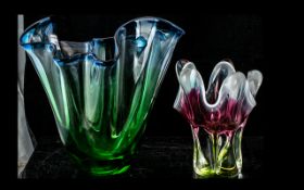 Two Murano Style Handkerchief Vases, on in green and blue, measures 9'' tall, and a green and pink