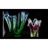 Two Murano Style Handkerchief Vases, on in green and blue, measures 9'' tall, and a green and pink