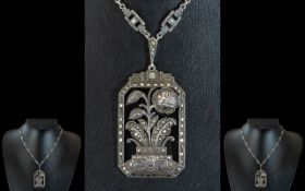 Art Deco Silver and Marcasite Set Pendant and Necklace - Square Stepped Pendant Depicting Floral