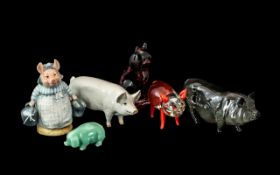 Collection of Porcelain & Glass Animals, including a white Beswick Pig 'Champion Boy', a grey Boar,