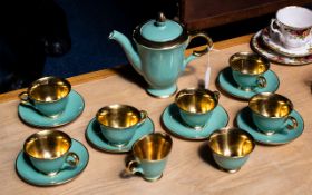 Norwegian Porcelain Tea Set by Stavanger Flint, in jade green with gilt interior, handles and trim,