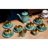 Norwegian Porcelain Tea Set by Stavanger Flint, in jade green with gilt interior, handles and trim,