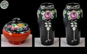 Shelley - Fine Pair of 1920's Small Tapered Vases, Decorated with Painted Stylised Roses / Stems