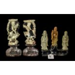 Collection of Carved Sandstone, comprising two carved candlesticks and three immortals.
