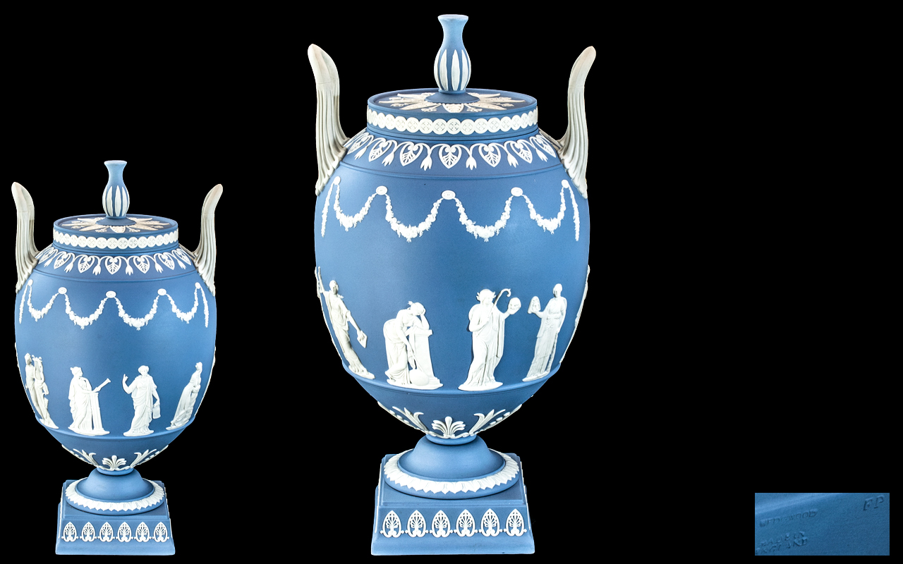 A Rare English Staffordshire Wedgwood Jasper Ware Urn blue ground after an earlier model by John