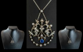 Victorian Period Platinum and Gold Stunning Diamond and Sapphire Set Ornate Pendant Necklace,