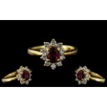 18ct Gold - Superb Quality Diamond and Ruby Set Cluster Ring - Flower head Design.