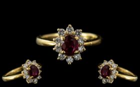18ct Gold - Superb Quality Diamond and Ruby Set Cluster Ring - Flower head Design.