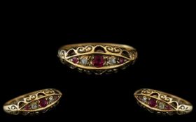 Antique Period Ladies Petite 18ct Gold Diamond Ruby Set Ring Gallery Setting.