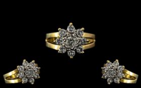 18ct Yellow Gold - Attractive Diamond Set Cluster Ring, Flower-bud Design. Full Hallmark for 750