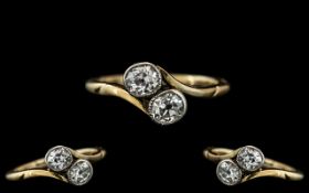 18ct Gold - Attractive 2 Stone Diamond Set Ring. Marked 18ct to Interior of Shank.