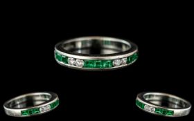 Ladies 18ct White Gold Attractive and Petite Diamond and Emerald Set Band Ring,