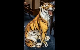 Italian - Life Size Ceramic / Porcelain Large Sculpture of a Roaring Tiger In a Seated Position. c.