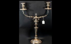 Tall Silver Plated Candelabra, with twin holders, scroll decoration. 22" tall x 17" wide.