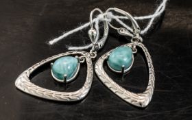 Pair of Larimar Set Modernist Style Drop Earrings, with solitaire larimar cabochons of 2cts each,