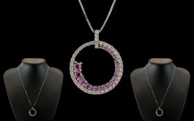 18ct White Gold - Circle of Life Pendant Set with Diamonds and Pink Sapphires, Attached to a 18ct