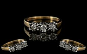 9ct Gold Diamond Set Ring - Three Round Brilliant Cut Diamonds, Illusion Set. 0.