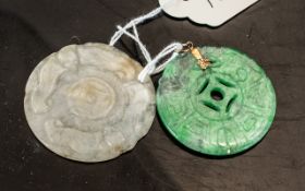 Two Antique Chinese Jade Amulet Pendants In Green And White,