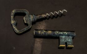 Novelty Large Cast Key Bottle Opener and Corkscrew. Novelty Corkscrew In the Form of An Antique Key.