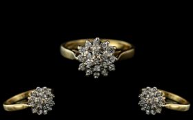 18ct Gold - Attractive Diamond Set Cluster Ring, Flower head Setting.