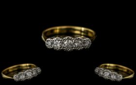 Antique Period 18ct Gold and Platinum - Petite 5 Stone Pave Diamond Set Ring. Marked 18ct Gold and