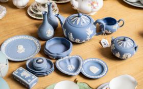 Collection of Wedgwood Blue & White Jasperware, comprising a teapot, lidded sugar bowl, milk jug,