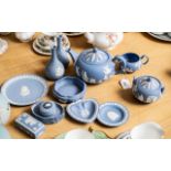 Collection of Wedgwood Blue & White Jasperware, comprising a teapot, lidded sugar bowl, milk jug,