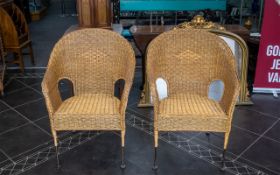 Pair of Rattan Garden/Bedroom Chairs, decorative pattern back with industrial style legs.
