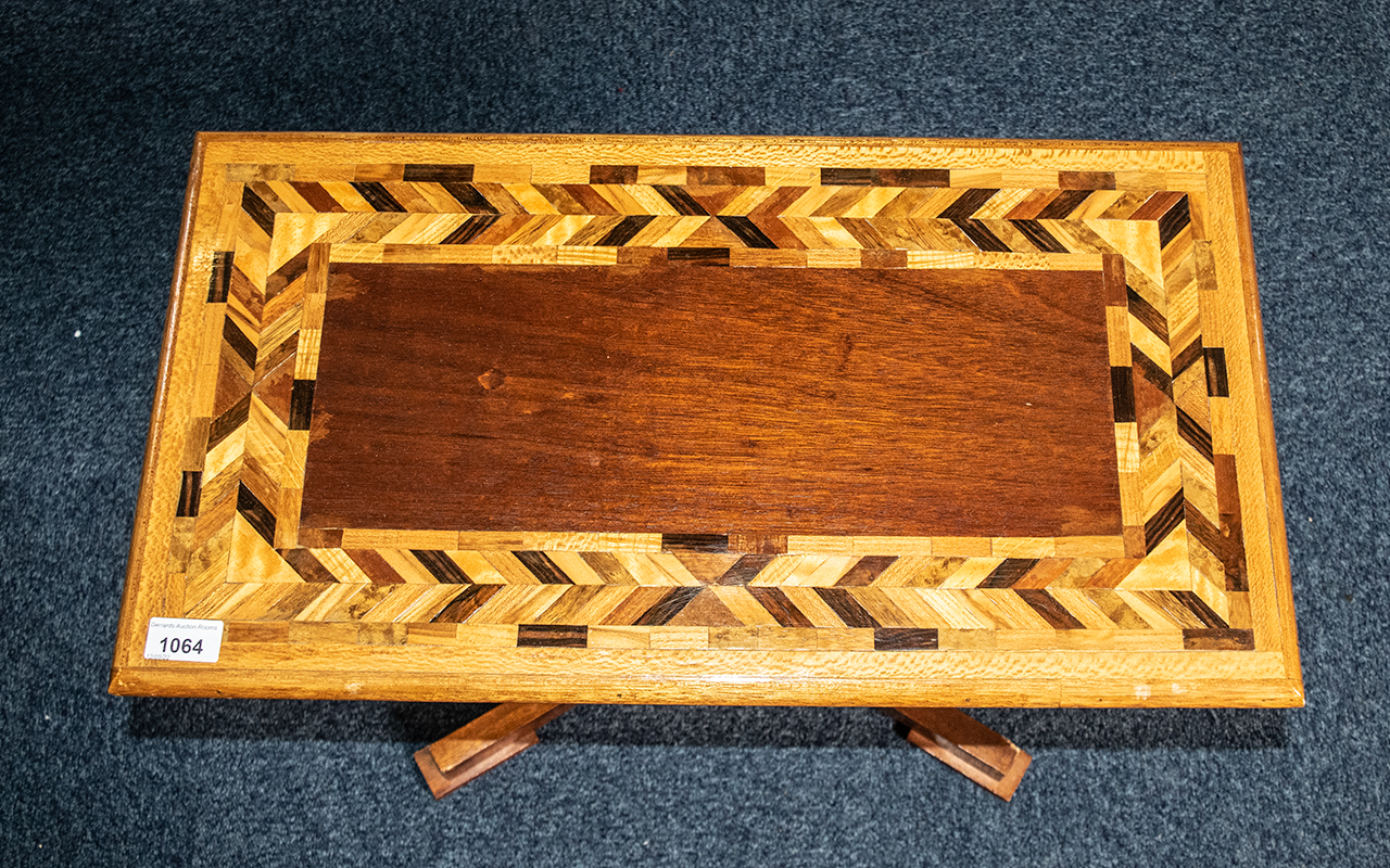 Modern Inlaid Side Table, 24'' long x 17'' wide and 13'' deep. Inlaid pattern, raised on pedestal - Image 2 of 2