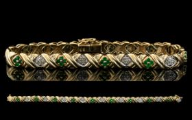 14ct Gold - Attractive Emerald and Diamond Set Bracelet, Excellent Design. Full Marks for 14ct.