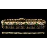 14ct Gold - Attractive Emerald and Diamond Set Bracelet, Excellent Design. Full Marks for 14ct.