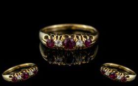 Antique Period 18ct Gold Ruby and Diamond Set Ring - Gallery Setting.