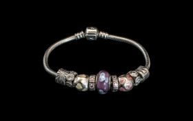 Pandora Signed Sterling Silver Bracelet loaded with 9 silver charms weight 34.8 grams.