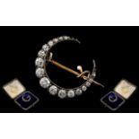 Antique Period - Attractive 15ct Gold Diamond Set Crescent Brooch of Small Proportions.