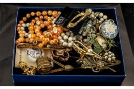 Collection of Costume Jewellery, comprising bead necklaces, three vintage hat pins, twelve brooches,