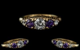 Antique Period - Attractive 9ct Gold White Sapphire and Amethyst Set Ring.