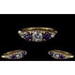 Antique Period - Attractive 9ct Gold White Sapphire and Amethyst Set Ring.