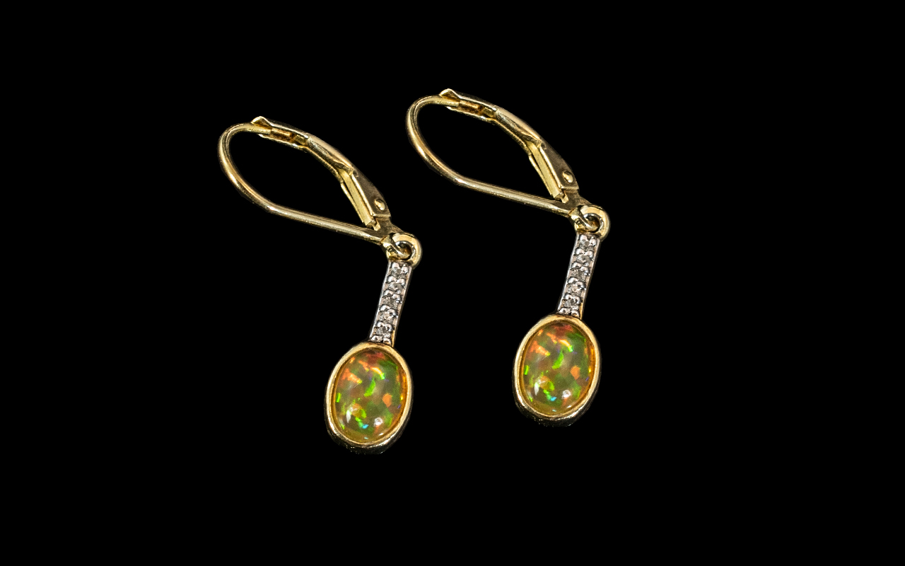 Ethiopian Opal & Natural White Zircon Drop Earrings, silver gilt, for pierced ears.