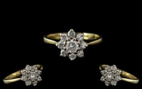 18ct Gold - Attractive Diamond Set Cluster Ring, Flower head Design.