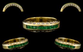 18ct Gold - Attractive Contemporary Designed Emerald and Diamond Set Band Ring.