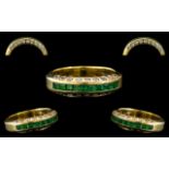 18ct Gold - Attractive Contemporary Designed Emerald and Diamond Set Band Ring.