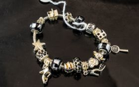 Pandora Style Charm Bracelet, in Pandora box, filled with charms including dice, starfish,